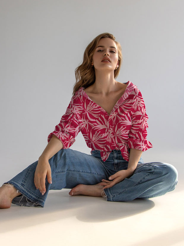 Viscose Poplin fabric Leaves Fuchsia