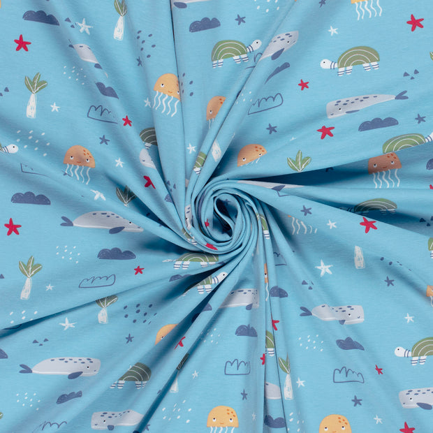 Jersey de Coton tissu Bleu bébé imprimé 