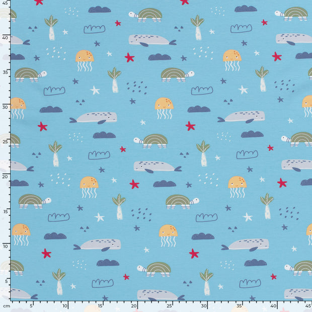 Jersey de Coton tissu Tortues Bleu bébé