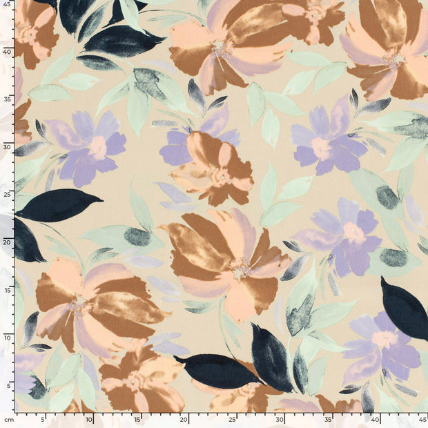 Viscose Satin tissu fleurs Beige