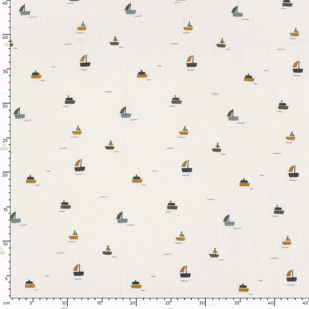 Muslin fabric Sailboats Off White