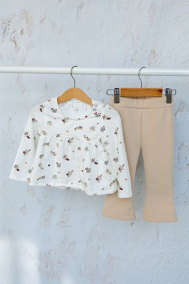 Katoen Jersey stof Bloemen Gebroken wit