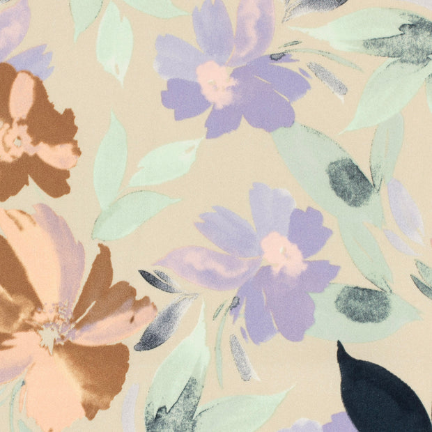 Viscose Satin tissu fleurs Beige