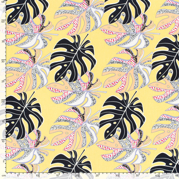 Viscose Lin Chaine et Trame tissu Feuilles Jaune Canari