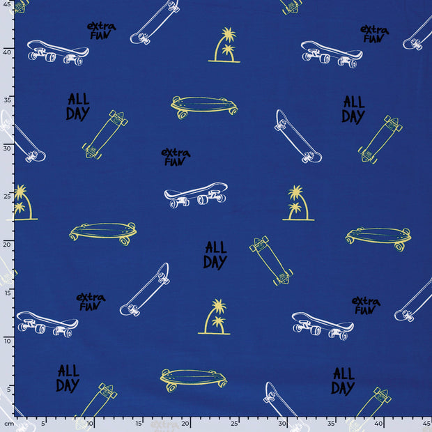 Cotton Jersey fabric Skateboards Cobalt