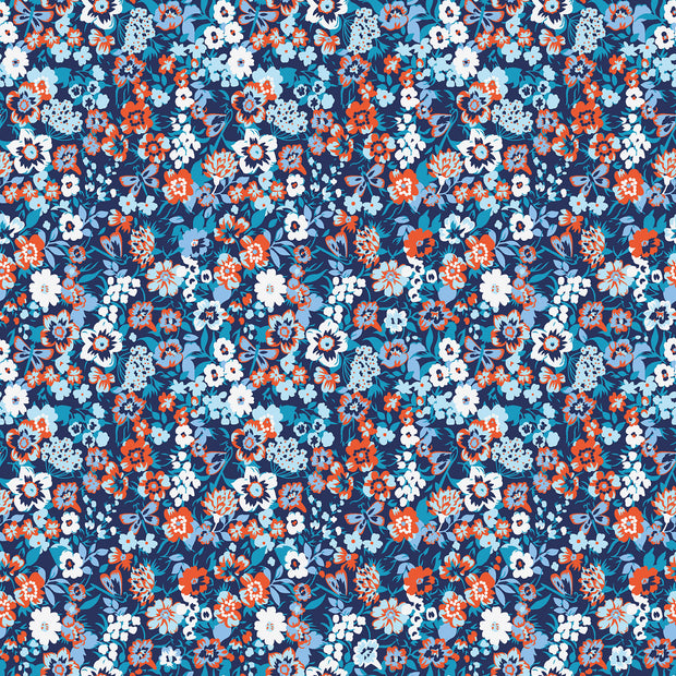 Cotton Poplin fabric Flowers Navy