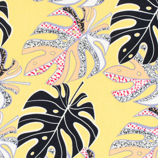 Viscose Lin Chaine et Trame tissu Feuilles Jaune Canari