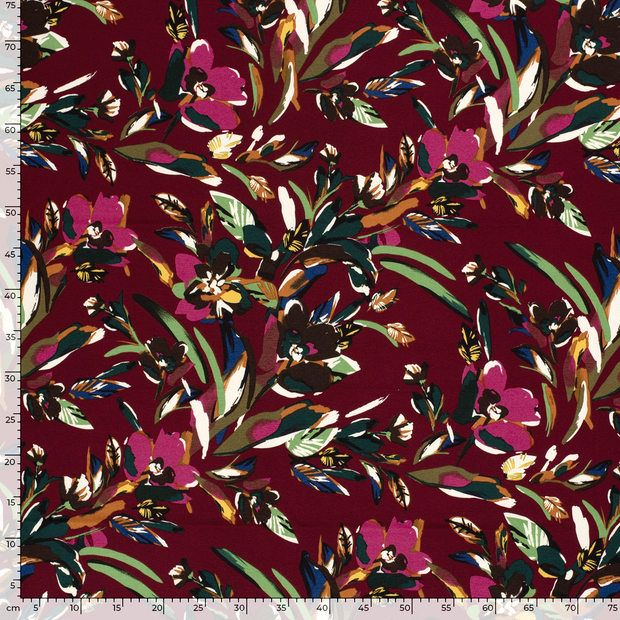 Quattro Stretch fabric Flowers Wine red