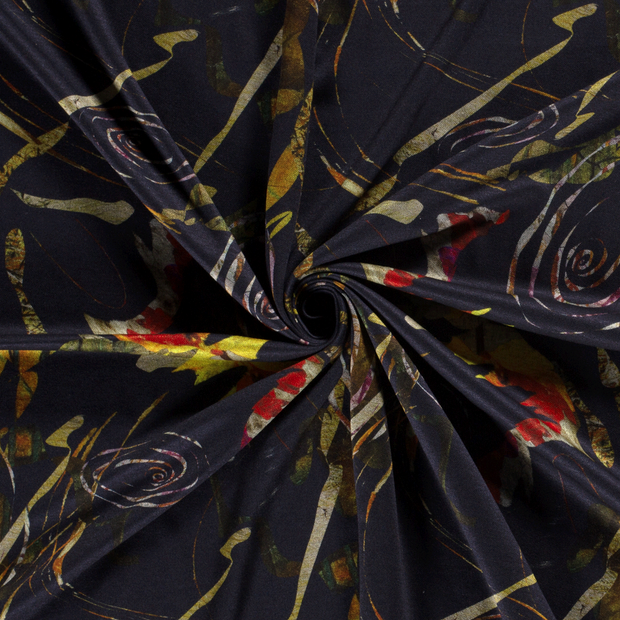 Poly Viscose Jersey fabric Navy discharge printed 
