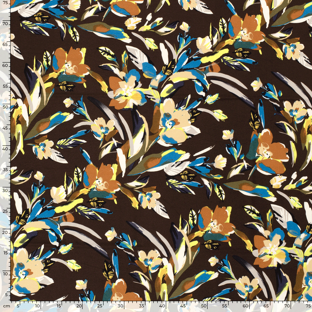 Quattro Stretch fabric Flowers Dark Brown