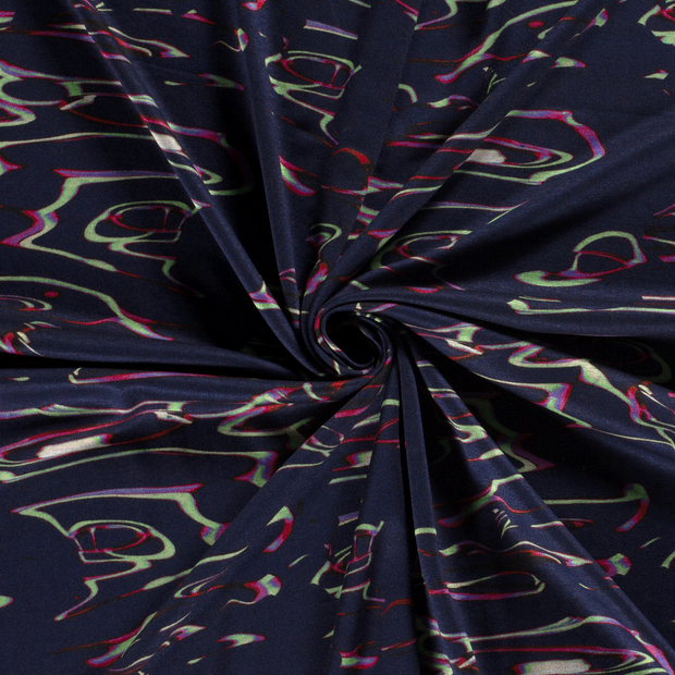 Poly Viscose Jersey fabric Navy discharge printed 