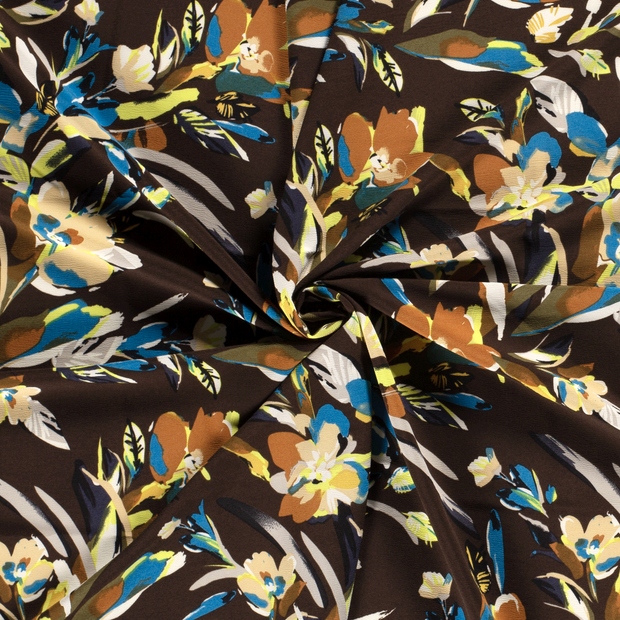 Quattro Stretch fabric Dark Brown printed 