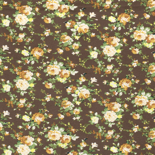 Quattro Stretch fabric Flowers Dark Brown