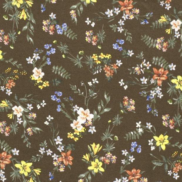 Viscose Jersey fabric Flowers Khaki Green