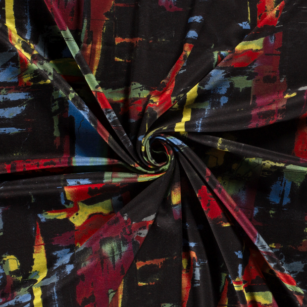 Poly Viscose Jersey fabric Black discharge printed 