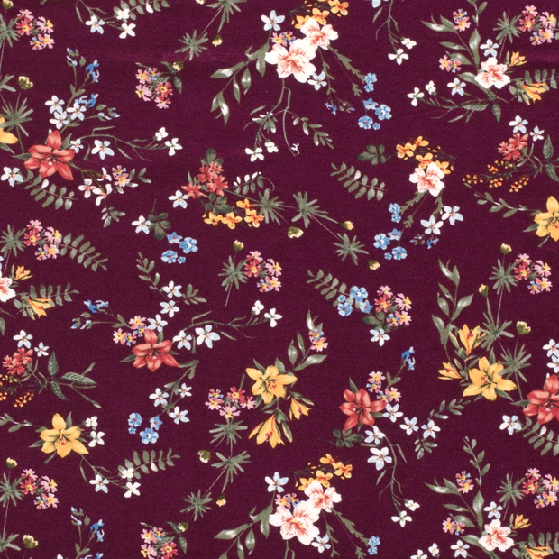 Viscose Jersey fabric Flowers Wine red
