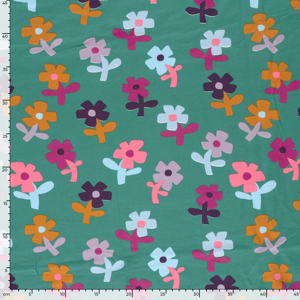 French Terry fabric Flowers Petrol