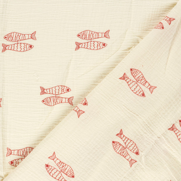 Muslin fabric Fish embroidered 