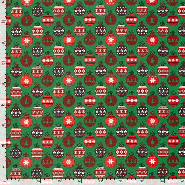 Cotton Poplin fabric Christmas balls Green