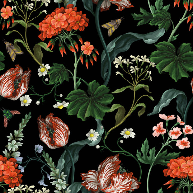 Velours tissu fleurs Noir