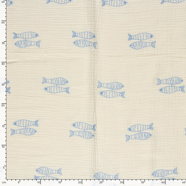 Muslin fabric Fish Light Blue
