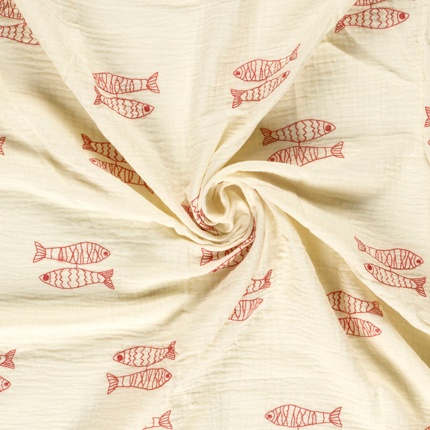 Muslin fabric Red embroidered 