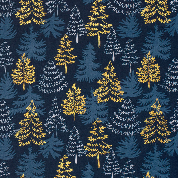 Cotton Poplin fabric Christmas trees Navy