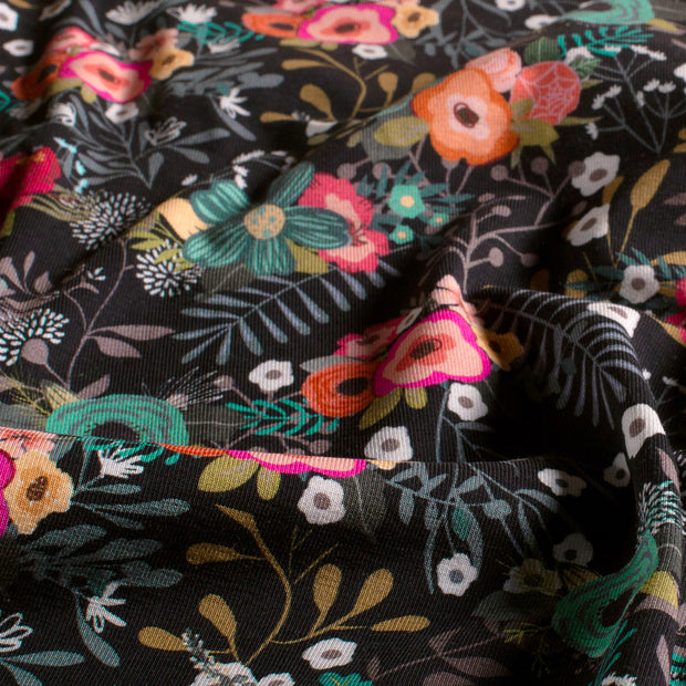 Jersey fabric Flowers Black