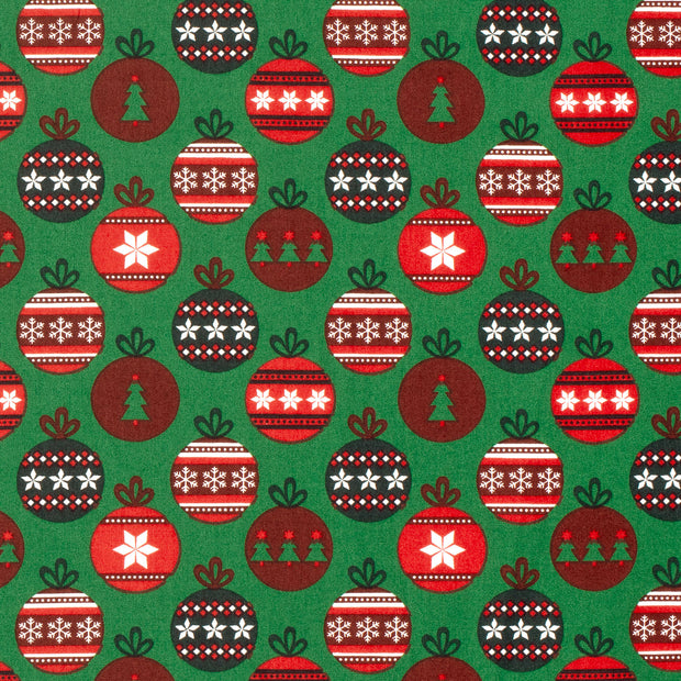 Cotton Poplin fabric Christmas balls Green