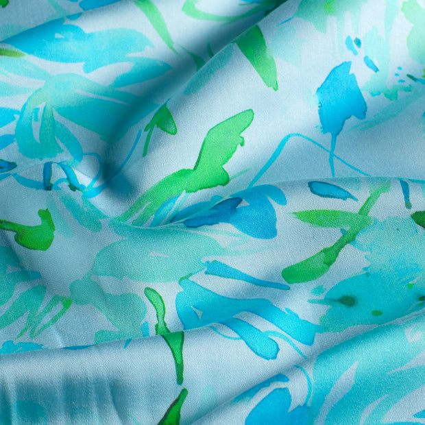Viscose Satin fabric Flowers Light Blue
