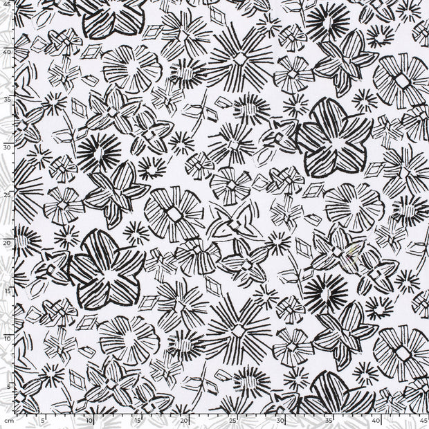 Viscose Lin Chaine et Trame tissu fleurs Blanc optique