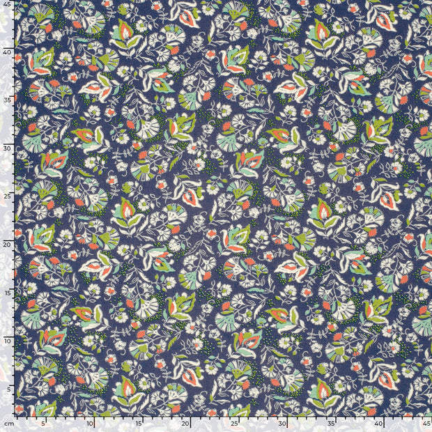 Popeline de Viscose tissu fleurs Cobalt