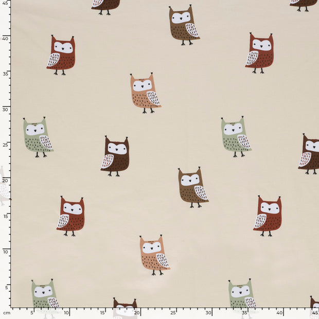 French Terry fabric Owls Beige