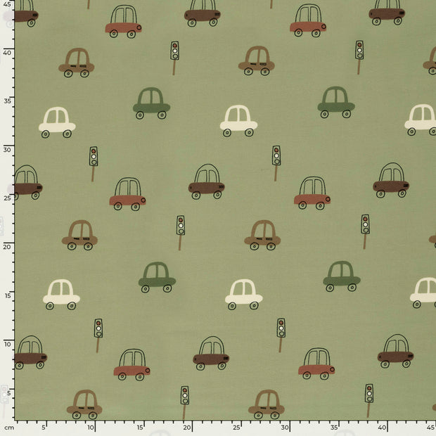 Jersey fabric Cars Olive Green