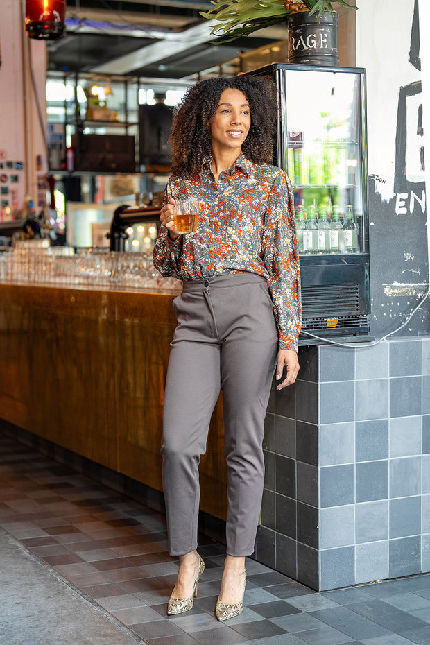 Viscose Poplin stof Bloemen Donker grijs