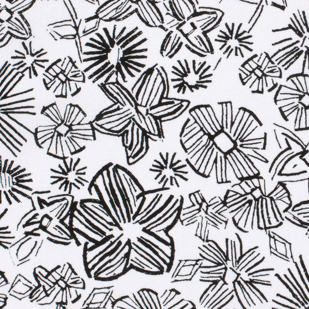 Viscose Lin Chaine et Trame tissu fleurs Blanc optique