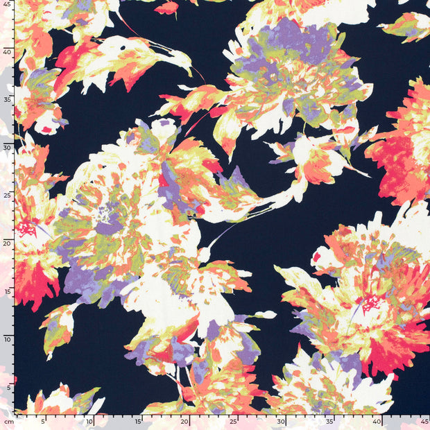 Viscose Satin fabric Flowers Navy
