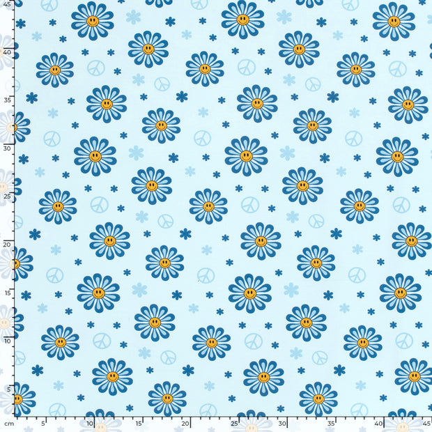 Katoen Jersey stof Bloemen Lichtblauw