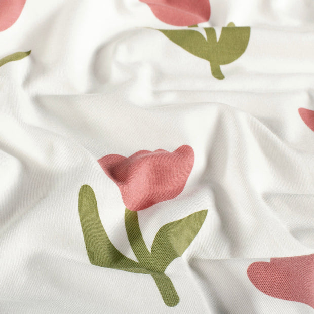 Jersey tissu fleurs Blanc cassé