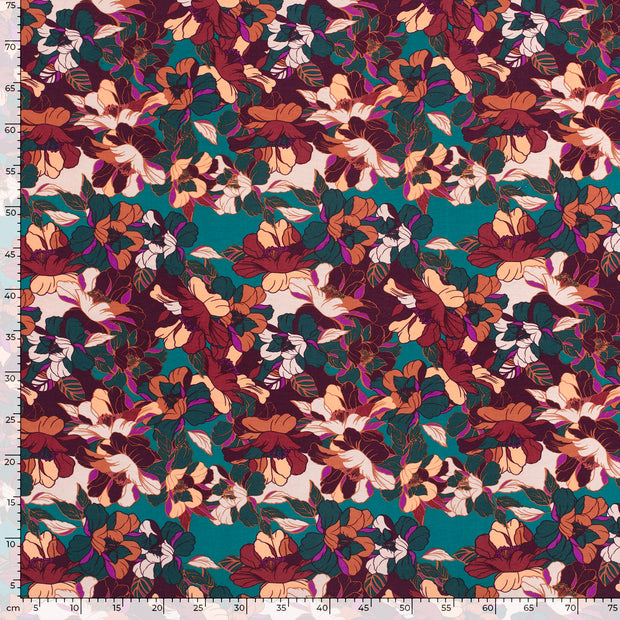 Viscose Nylon Crepe stof Bloemen Petrol