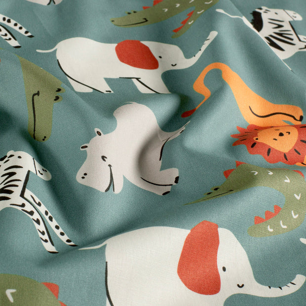 Cotton Poplin fabric Elephants Petrol