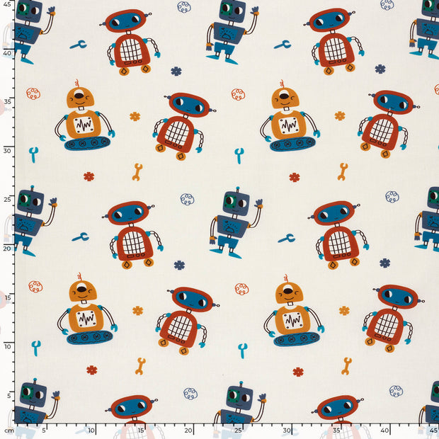 Cotton Poplin fabric Robots Off White