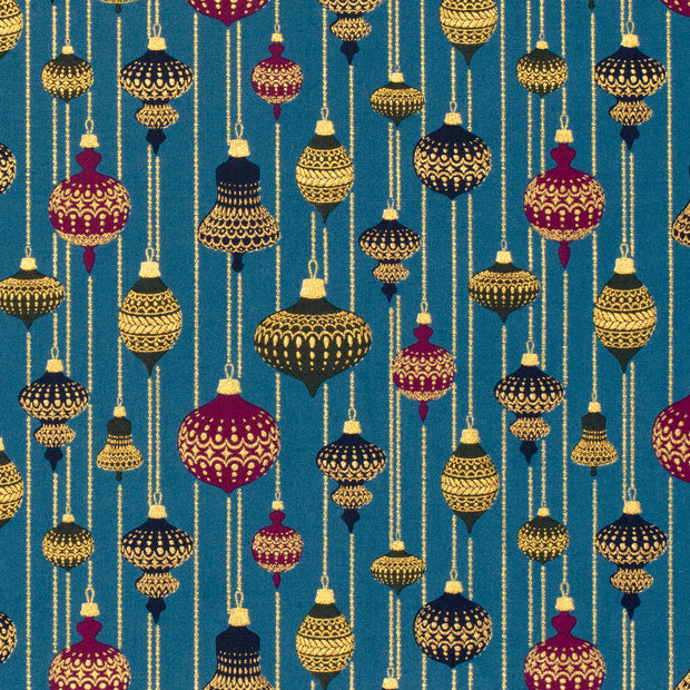 Popeline de Coton tissu boules de Noël Bleu Canard