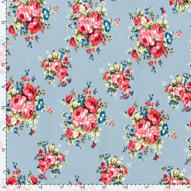 Denim fabric Roses Light Blue
