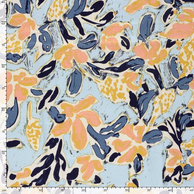 Cotton Satin fabric Flowers Light Blue