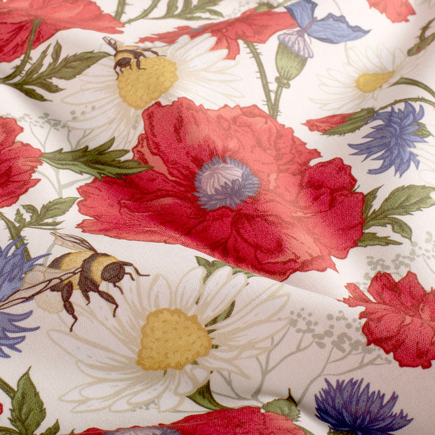 Katoen Poplin stof Bloemen Gebroken wit