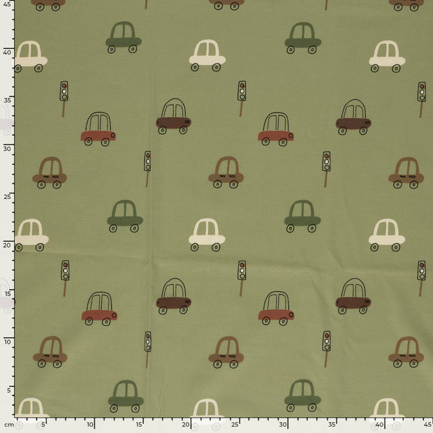 Jersey fabric Cars Olive Green