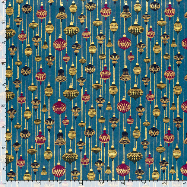 Popeline de Coton tissu boules de Noël Bleu Canard