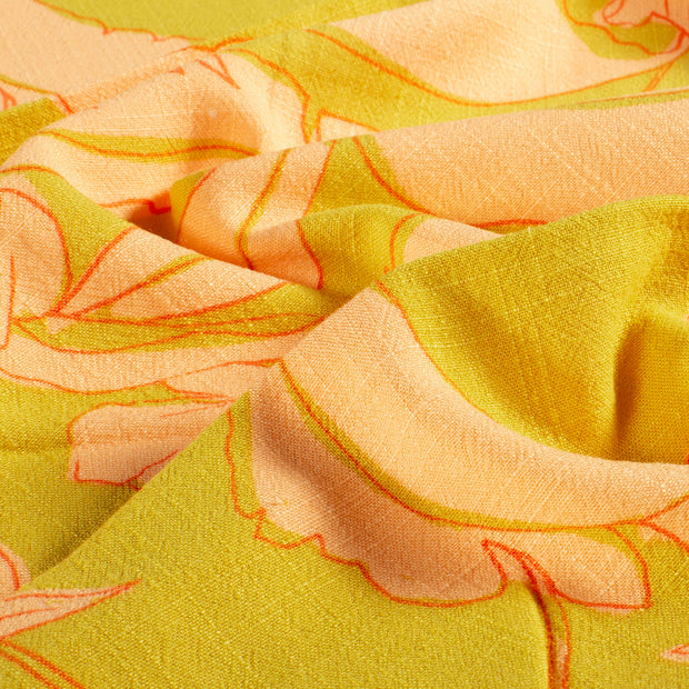 Viscose Lin Chaine et Trame tissu fleurs Vert Citron
