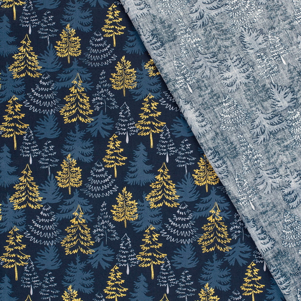 Cotton Poplin fabric Christmas trees printed and foil 